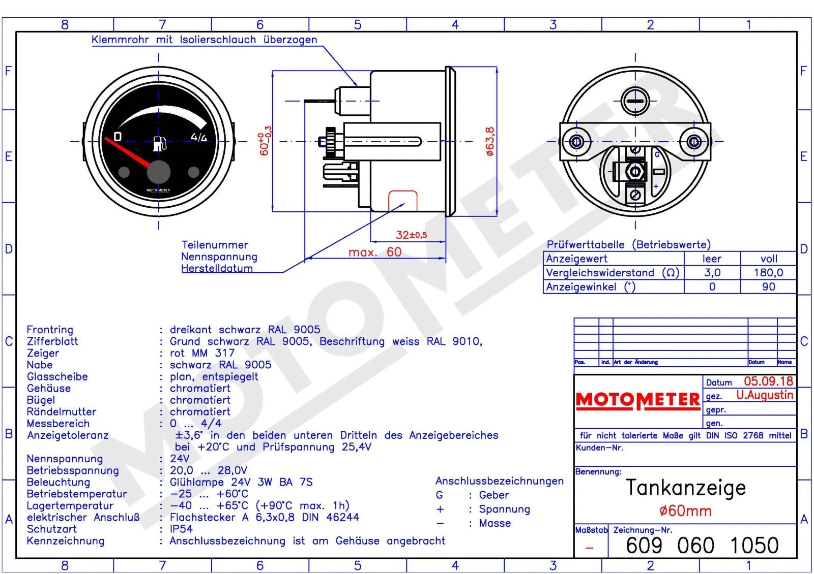 Kraftstoff-Vorratsanzeiger für Hebelgeber Durchmesser: 60 mm 24V