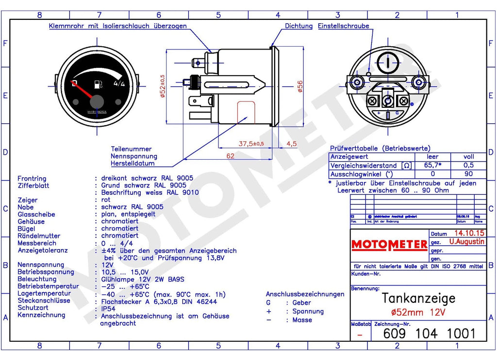 Kraftstoff-Vorratsanzeiger für Hebelgeber Durchmesser: 52 mm 12 V