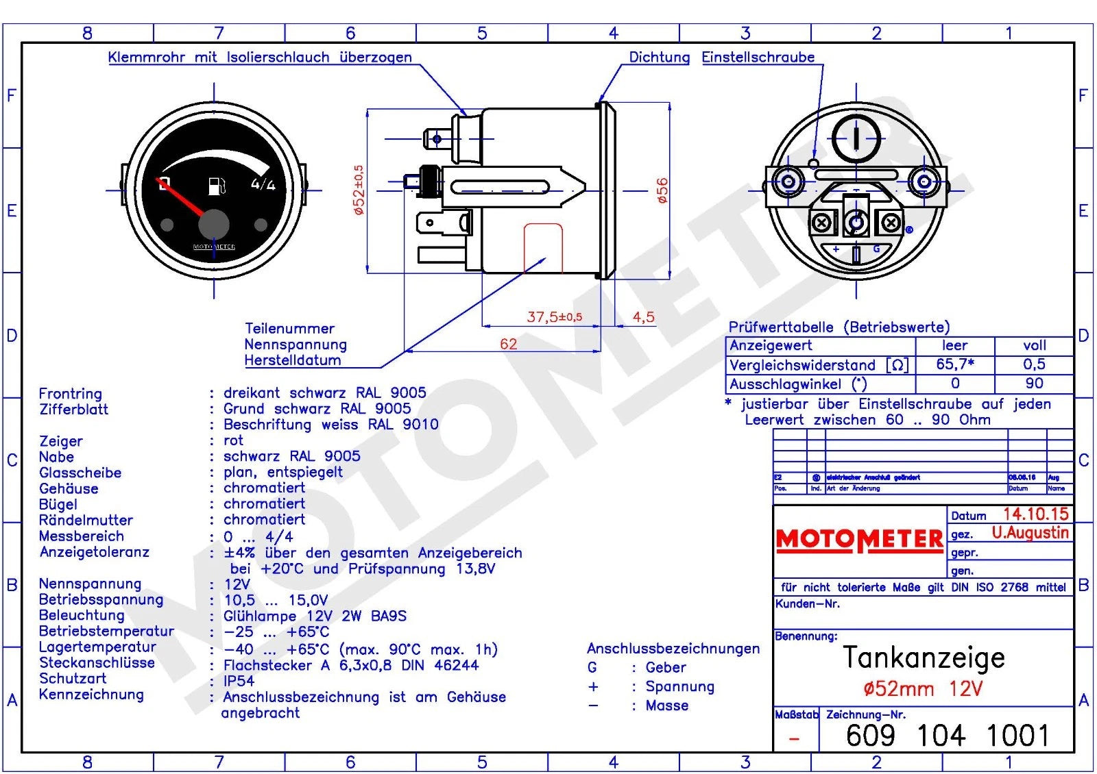 Kraftstoff-Vorratsanzeiger für Hebelgeber Durchmesser: 52 mm 12 V