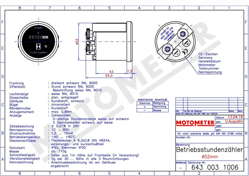 Betriebsstundenzähler, elektrisch, D=52mm, 10-80V