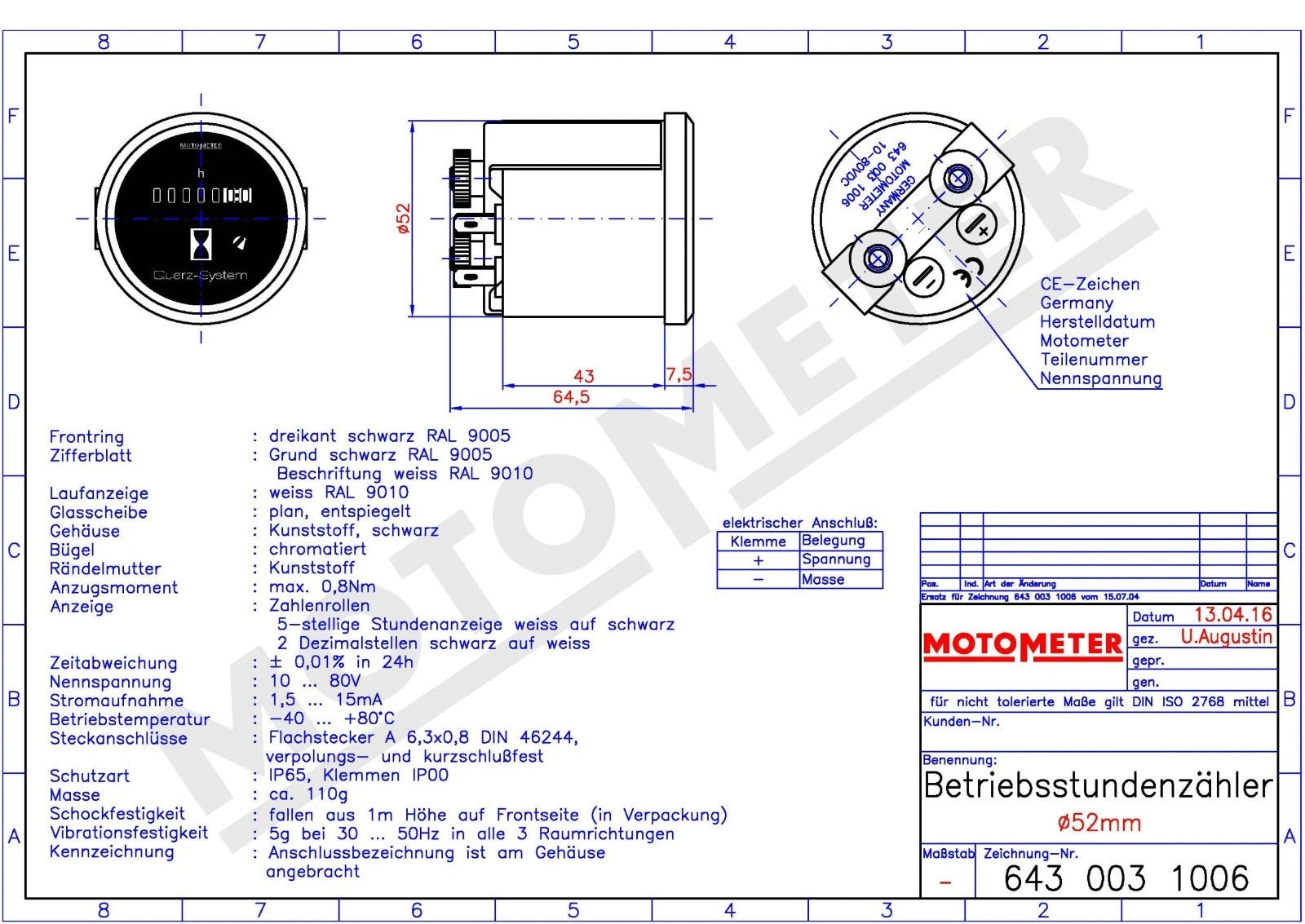 Betriebsstundenzähler, elektrisch, D=52mm, 10-80V