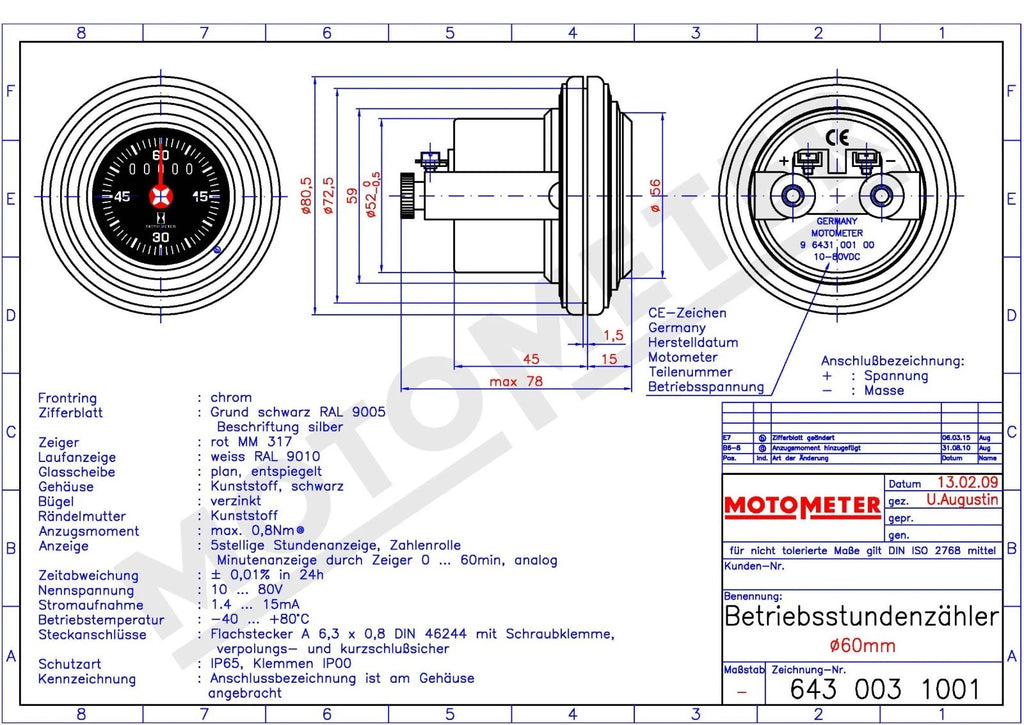 Betriebsstundenzähler, elek., D=52mm / 60mm,12-80V