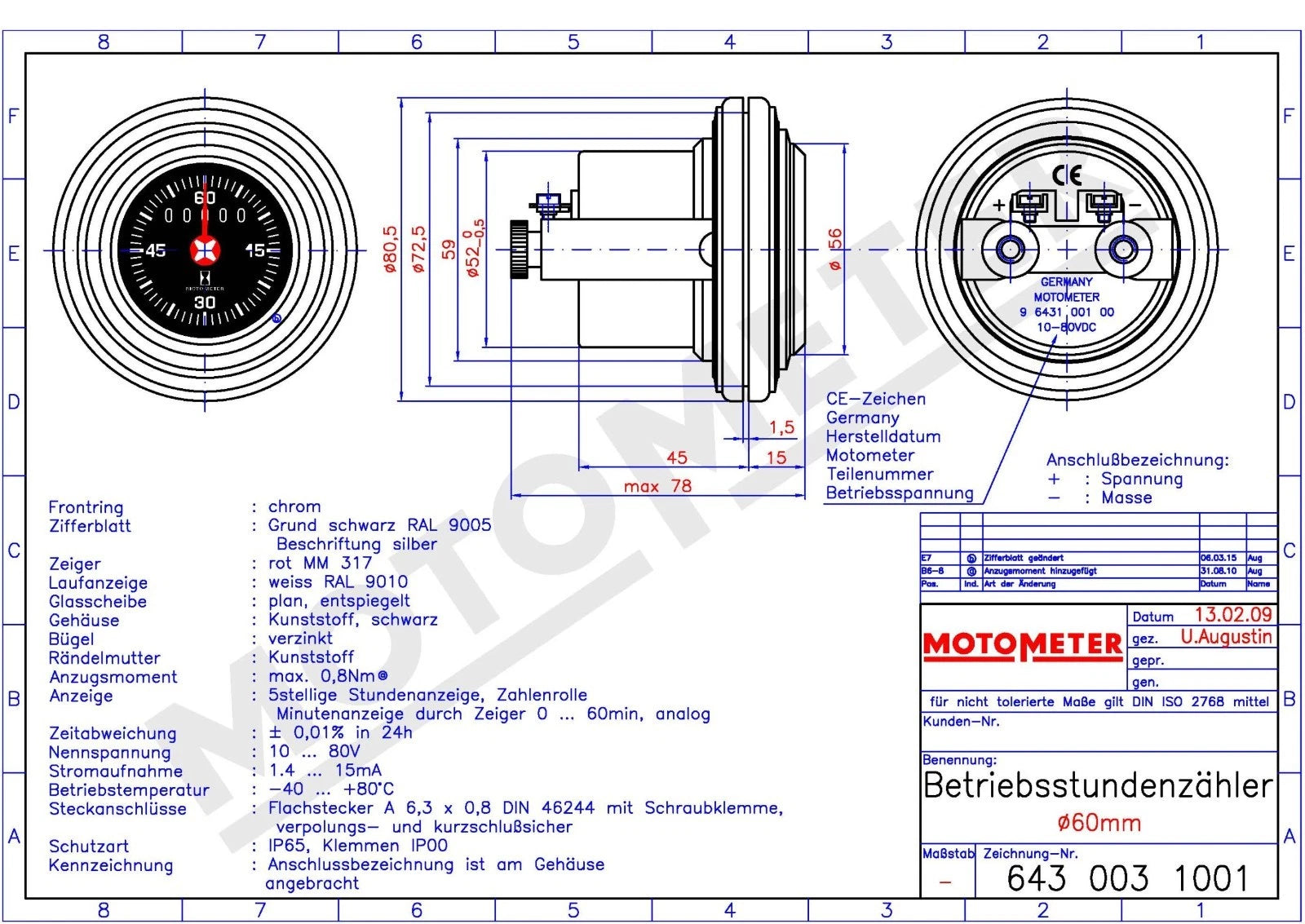 Betriebsstundenzähler, elek., D=52mm / 60mm,12-80V