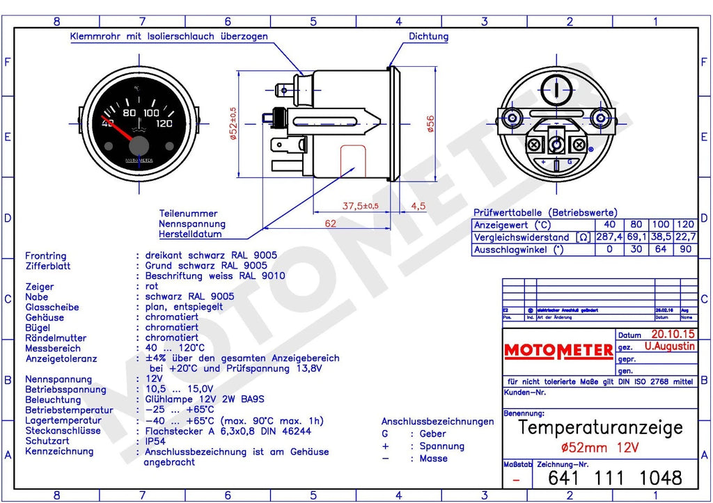 Temperaturanzeige, elek., 40-120°C, D=52mm, 12 V, Kühlwasser