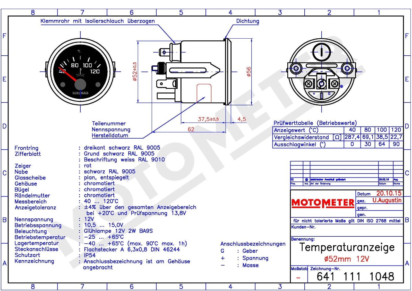 Temperaturanzeige, elek., 40-120°C, D=52mm, 12 V, Kühlwasser
