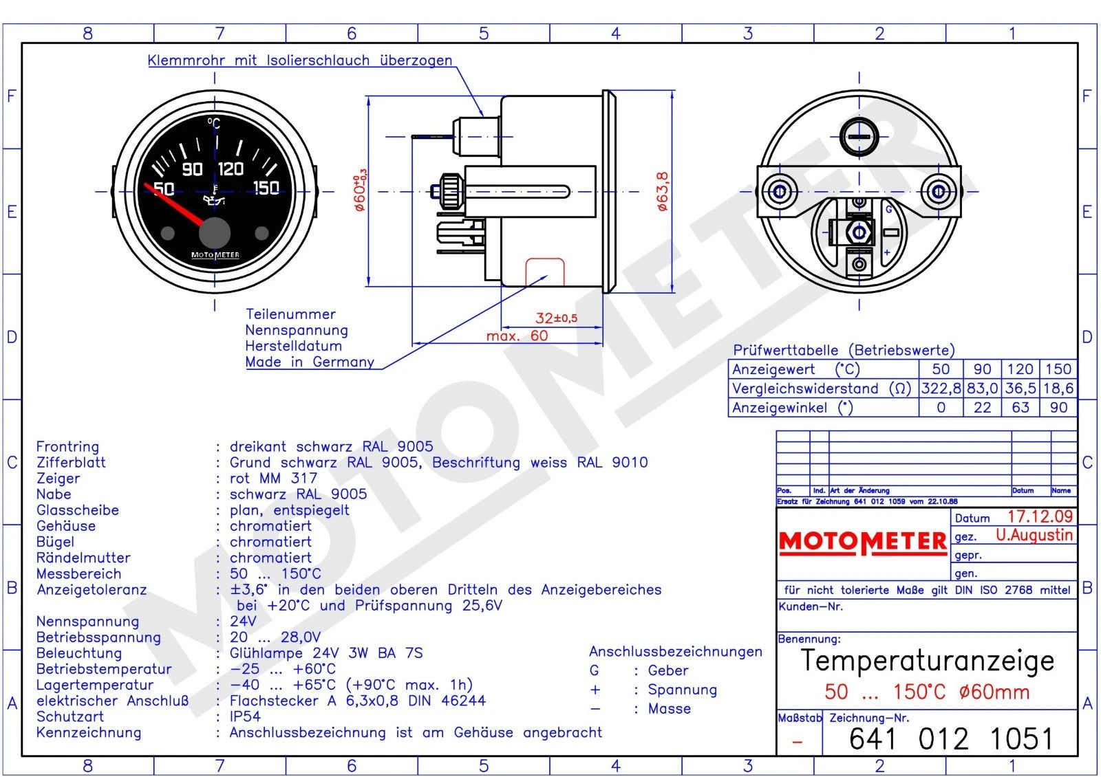 Temperaturanzeige, elek., 50-150°C, D=60mm, 24V